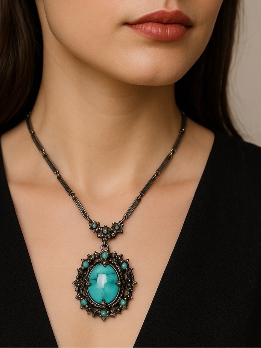 Antique 1920s Art Deco Faux Turquoise Filigree Necklace Engraved Bar Link
